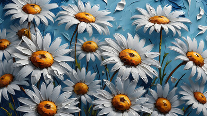 Fototapeta premium delicate daisies painted in oil on a blue background. floral background 