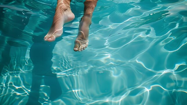 Serene woman dipping her toes into the clear, blue water of a pool - Powered by Adobe