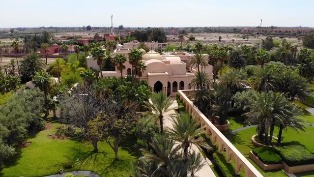 Palais Namaskar, Courtyard in luxurious Moroccan design, Drone view from Marrakech, Morocco