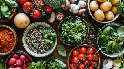  A table displaying diverse bowls of vegetables alongside potatoes and broccoli - Powered by Adobe