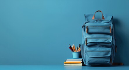 Blue Backpack With Books and Pencils on Blue Background