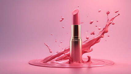 a lipstick with a pink liquid splash on it for beauty makeup concept