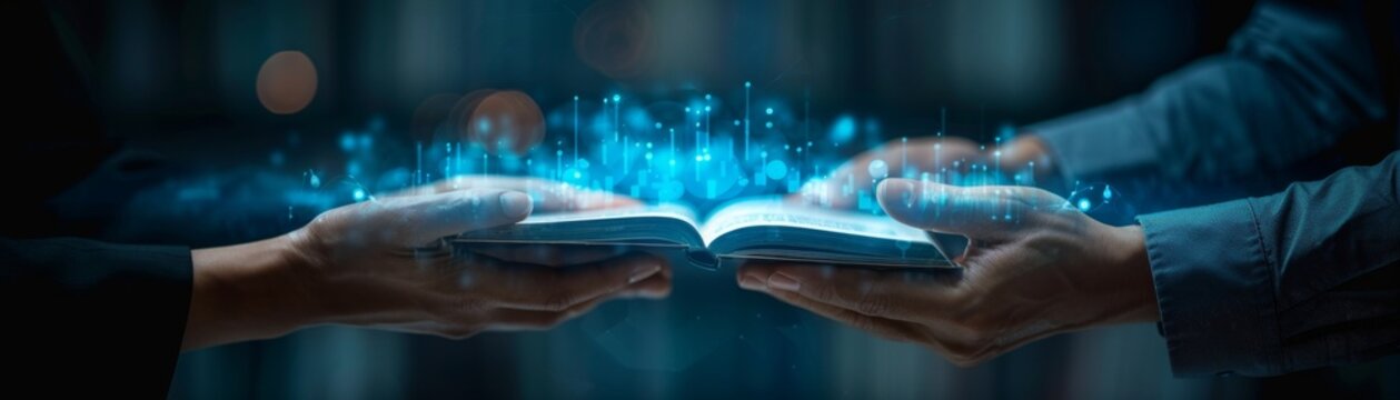 A holographic book floating between a mentor and mentee, symbolizing knowledge and learning, bright and minimal, with text space included.