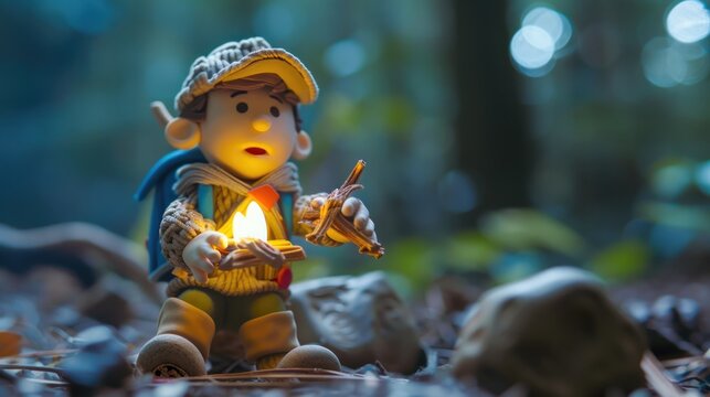 Plasticine characters. Scout lighting a fire