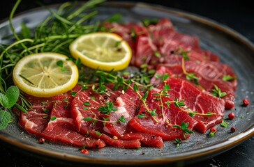 Steak With Herbs and Lemon on a Plate