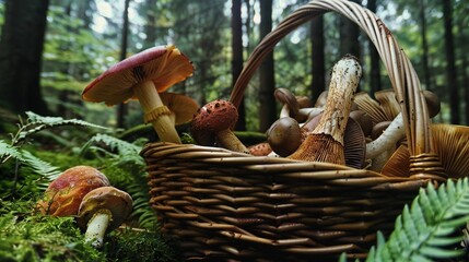   Basket brimming with numerous mushrooms amidst lush greenery of forest trees