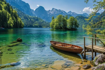 Obraz premium boat at tranquil serene lake in the mountains beautiful landscape