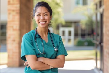 diverse female nurse intern doctor standing near clinic, smiling in green blue scrubs uniform copy space right - Powered by Adobe