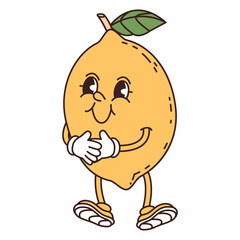 Retro groove funny fruit. Naughty anthropomorphic character yellow lemon on white background. Vector flat illustration