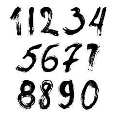 Set of calligraphic numbers painted by black brush on isolated white background. Lettering for your design. Vector illustration.