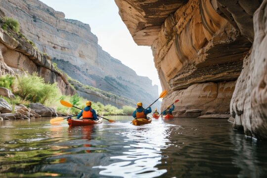 people kayaking in river gorge in between rocks and mountains paddling. Extreme sport. Travel and active lifestyle. 