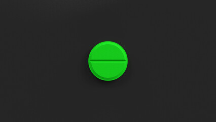 Green single pill isolated on a black background. Tablet, pill top view, flat lay. 3d render illustration 