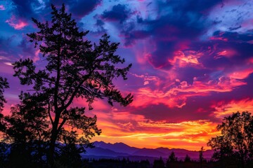 breathtaking sunset with burning clouds in sky with tree silhouette 