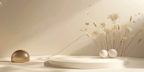  Podium background product 3D gold cosmetic platform nature beige display advertising backdrop studio