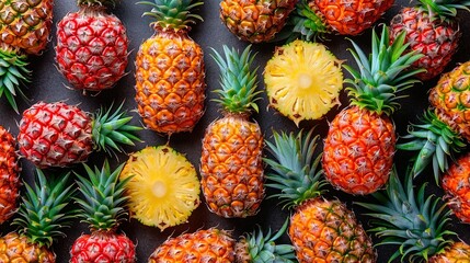   A cluster of pineapples resting atop a dark platform, featuring a sunny core