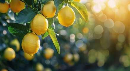 A close-up view of ripe lemons hanging from a lemon tree