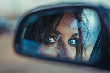 reflection of a scared female eyes and face in rear view mirror in a car taxi. City traffic, modern life urban lifestyle. True crime book cover.