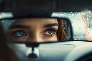 reflection of a female eyes and face in rear view mirror in a car. City traffic, modern life urban lifestyle. 