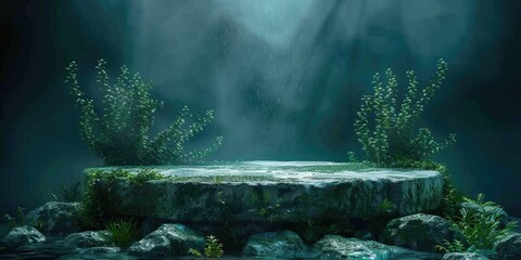  Podium underwater stone stand background seaweed rock product platform sea 3d scene. Display underwater podium