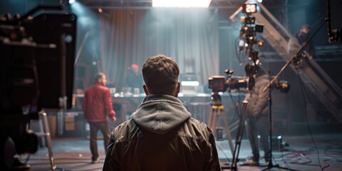 Point of view of an actor, looking at the cinema crew set director from front ecc ultrarealistic