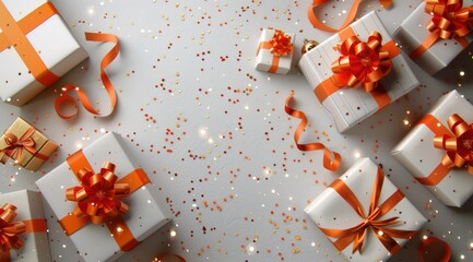 Gift Box With Orange Ribbon and Confetti
