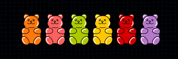 Set of Colorful Gummy Bears. Vector Jelly Candy. Cartoon Bear Character. Isolated Glossy Gum Sweets.