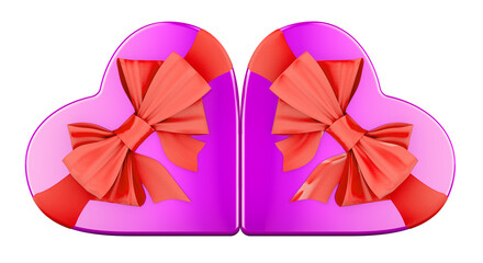 Pink Gift Boxes in the shape of heart with red bows. 3D rendering isolated on transparent background