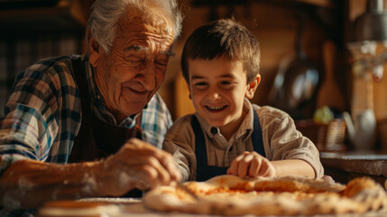 Joyful grandfather and grandchild making pizza together