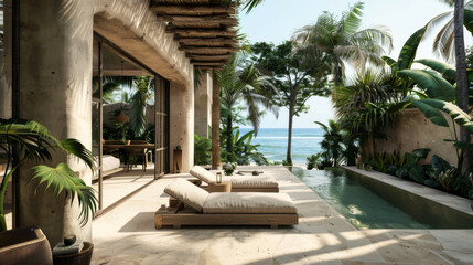 Fototapeta premium Calm outdoor scene of aman style raw material finish hotel villa in an the mexican tropics with a plunge pool and ocean views