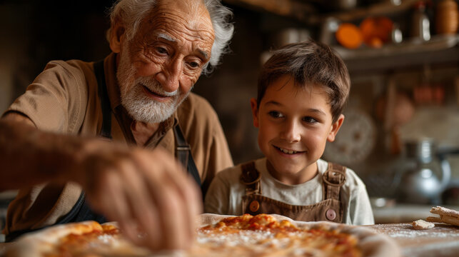 Joyful grandfather and grandchild making pizza together - Powered by Adobe