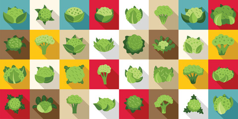 Cauliflower flat vector icons. A colorful image of various types of green vegetables, including broccoli, cauliflower, and cabbage. The image is a collage of different colored squares