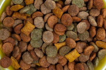 Dry varied cat food closeup.