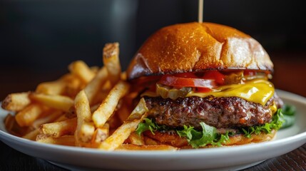 Juicy burger and French fries on white plate. Hamburger or cheeseburger and potato chips on black background