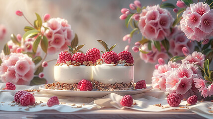 Obraz na płótnie Canvas A cake sits atop a white plate with raspberries surrounding pink flowers