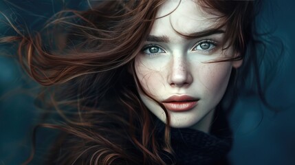 Fototapeta premium Portrait of a beautiful young woman with flying hair in the wind