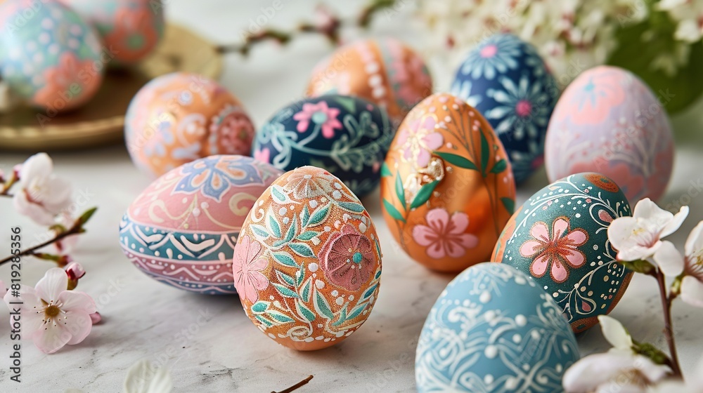 Wall mural   A cluster of painted eggs rests on a white table alongside plates of flowers