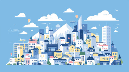 vector flat cartoon panorama - cityscape with diffe