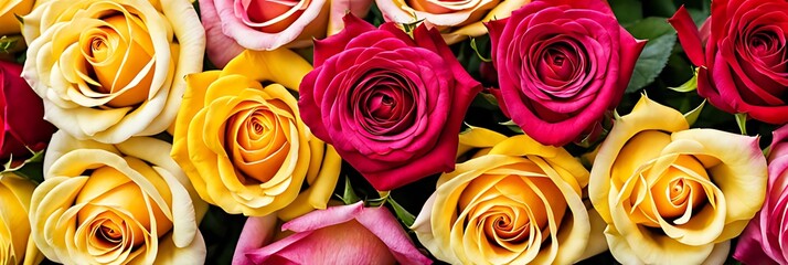 Fototapeta premium Vibrant Roses Close-Up: Red, Yellow, Pink Roses Background, Colorful Floral Display, Floral Beauty and Elegance.