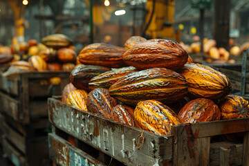 The harvested cacao pods are packed in wooden boxes on the sorting line, ready for distribution at a bustling plantation during the peak of the harvest season