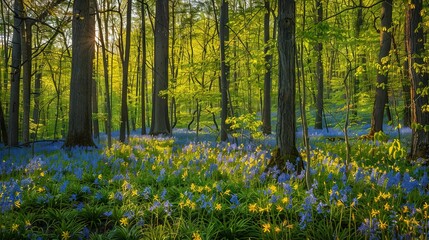   Sunlight filters through trees and blossoms in a bluebell-filled forest meadow
