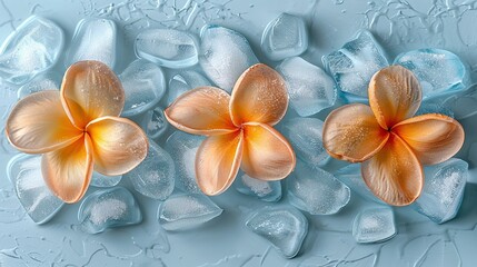   Three orange flowers are perched atop ice cubes, resting atop a blue surface, adorned with droplets of water
