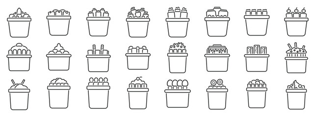 Stir fried ice cream outline vector icons. A series of white boxes with various items inside. The boxes are arranged in a grid pattern. Scene is that of a grocery store or a market