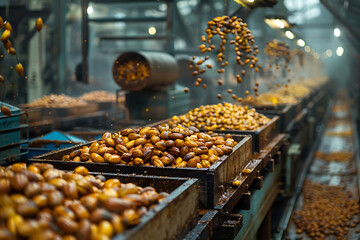 The harvested cacao pods are packed in wooden boxes on the sorting line, ready for distribution at a bustling plantation during the peak of the harvest season