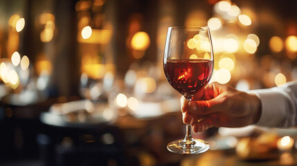elegant male hand holding a glass of red wine at restaurant