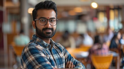 Obraz premium Portrait of a Handsome Indian Student Taking a Course in an International Adult Education Center.
