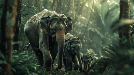 In the tropical rain forest, an elephant is followed by a baby elephant, Dry and wrinkled skin of an elephant