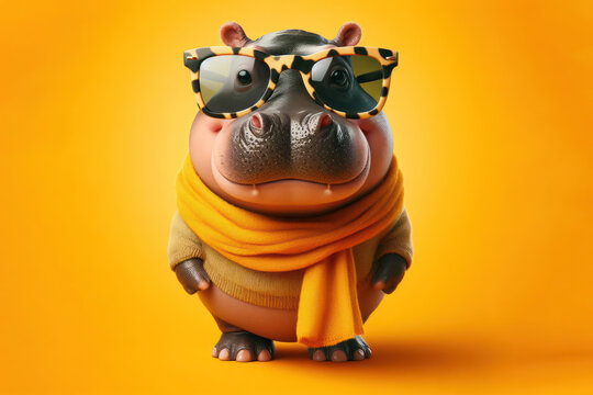 Hippopotamus wearing sunglasses Isolated on yellow bright background