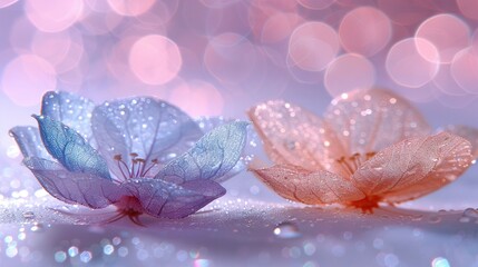 Fototapeta premium A pair of pink and blue blooms rest on a white countertop beside a matching wall