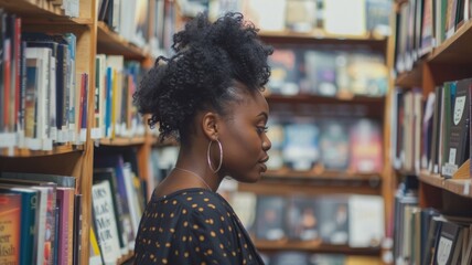 African woman browsing books in library, side profile view