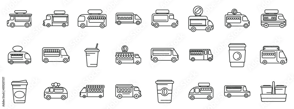 Poster Coffee truck cafe outline vector icons. A collection of food trucks and vehicles. The vehicles include a truck with a cup on it, a truck with a cup on it, a truck with a cup on it, a truck with a cup